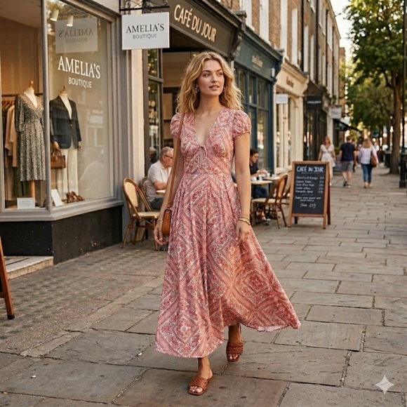 Avec Les Filles Dresses & Skirts - Avec Les Filles Pink Geometric V-Neck Maxi Dress